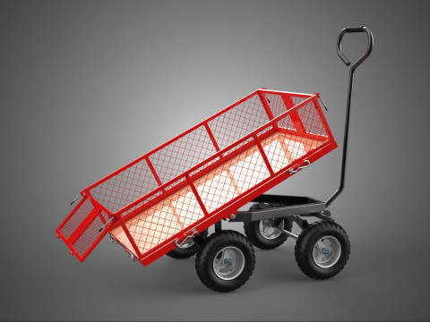 RED TIPPER TILTING TILT UNLOAD BED TROLLEY CART WAGON 4 WHEELED 3D Model