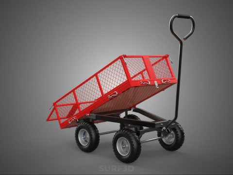 RED TIPPER TILTING TILT UNLOAD BED TROLLEY CART WAGON 4 WHEELED 3D Model