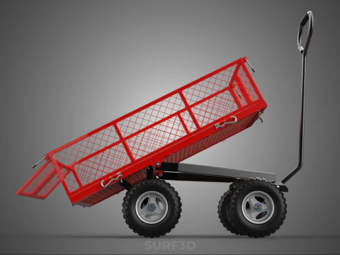 RED TIPPER TILTING TILT UNLOAD BED TROLLEY CART WAGON 4 WHEELED 3D Model