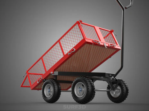 RED TIPPER TILTING TILT UNLOAD BED TROLLEY CART WAGON 4 WHEELED 3D Model