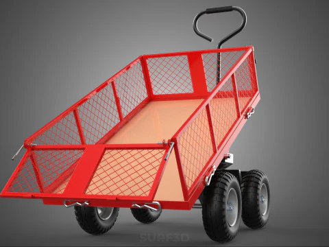 RED TIPPER TILTING TILT UNLOAD BED TROLLEY CART WAGON 4 WHEELED 3D Model