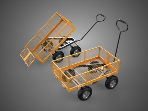 ЖЕЛТЫЙ ОРАНЖЕВЫЙ ЧЕТЫРЕХКОЛЕСНЫЙ ТЕЛЕЖКА С ПРОВОЛОЧНОЙ СЕТКОЙ, ТЕЛЕЖКА С НАКЛОННОЙ КРОВАТЬЮ 3D Модель