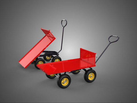 RED TIPPING DUMPING FLATBED GARDEN CART WAGON TROLLEY TRAILER 4W 3D Model