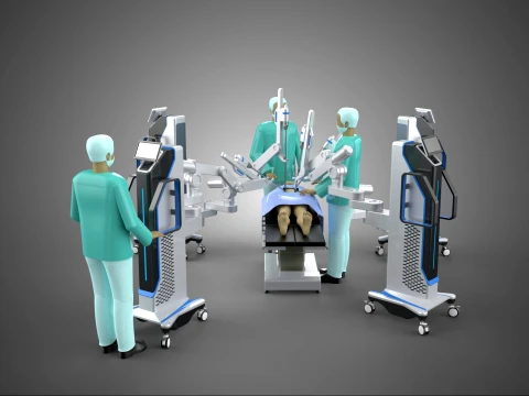 수술을 수행하는 로봇 보조 수술 시스템 외과의 팀 3D 모델