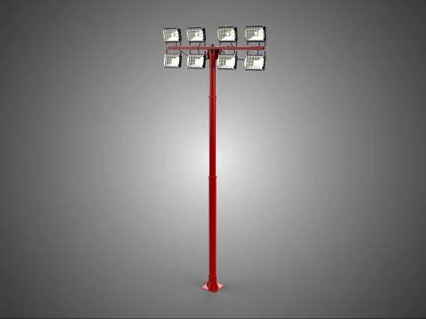 RED MAST LIGHT POLE 8 EIGHT LED LAMP FLOODLIGHTS LIGHTING TOWER 3D Model