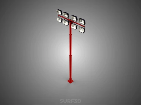 RED MAST LIGHT POLE 8 EIGHT LED LAMP FLOODLIGHTS LIGHTING TOWER 3D Model
