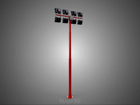 RED MAST LIGHT POLE 8 EIGHT LED LAMP FLOODLIGHTS LIGHTING TOWER 3D Model