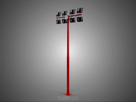RED MAST LIGHT POLE 8 EIGHT LED LAMP FLOODLIGHTS LIGHTING TOWER 3D Model