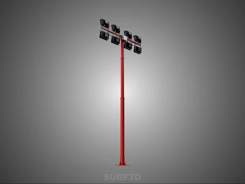 RED MAST LIGHT POLE 8 EIGHT LED LAMP FLOODLIGHTS LIGHTING TOWER 3D Model