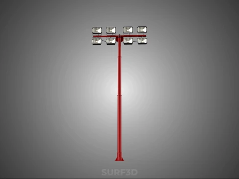 RED MAST LIGHT POLE 8 EIGHT LED LAMP FLOODLIGHTS LIGHTING TOWER 3D Model