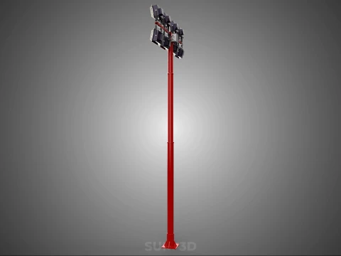 RED MAST LIGHT POLE 8 EIGHT LED LAMP FLOODLIGHTS LIGHTING TOWER 3D Model