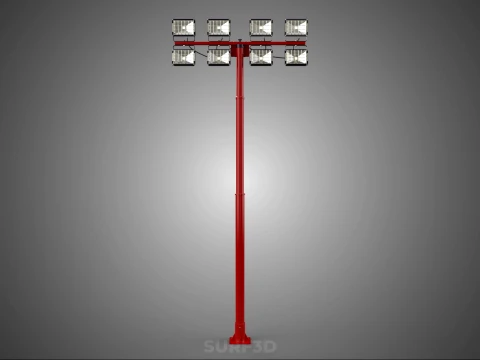 RED MAST LIGHT POLE 8 EIGHT LED LAMP FLOODLIGHTS LIGHTING TOWER 3D Model