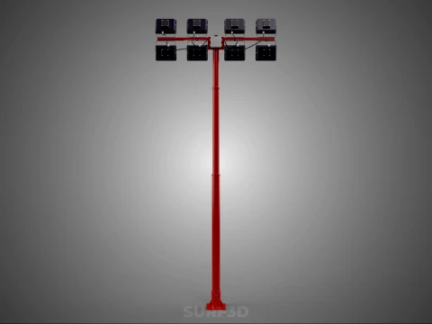 RED MAST LIGHT POLE 8 EIGHT LED LAMP FLOODLIGHTS LIGHTING TOWER 3D Model