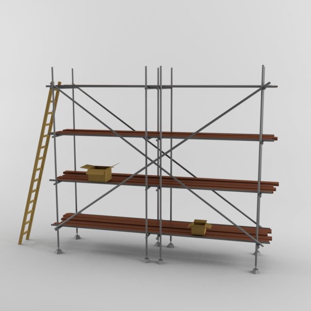 low poly scaffolding model with wooden ladder and carton boxes Modèle 3D .c4d .max .obj .3ds .fbx .stl .blend 