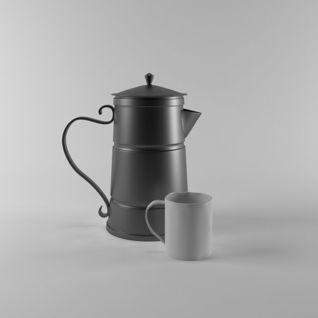 a metal cooffe pot and a cup made in old style 3D Модель .c4d .max .obj .3ds .fbx .stl .blend 