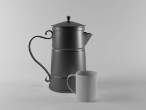una caffettiera in metallo e una tazza realizzata in stile antico Modello 3D