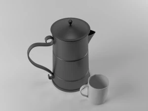 a metal cooffe pot and a cup made in old style 3D Model