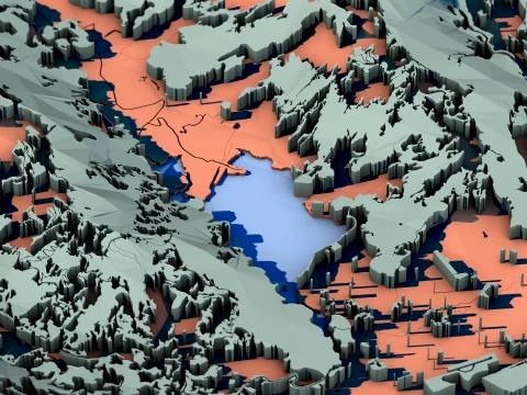 Low Poly Terrain Map with Hills and Rivers 3D Model