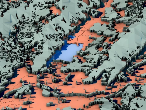 Low Poly Terrain Map with Hills and Rivers 3D Model