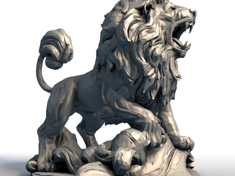 Hungry Lion Low Poly Sculpture - Predatory Big Cat Model - Geometric Wildlife Art 3D Print Model