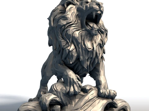 Hungry Lion Low Poly Sculpture - Predatory Big Cat Model - Geometric Wildlife Art 3D Print Model