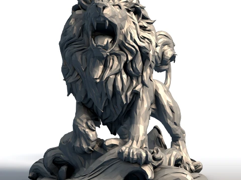Hungry Lion Low Poly Sculpture - Predatory Big Cat Model - Geometric Wildlife Art 3D Print Model