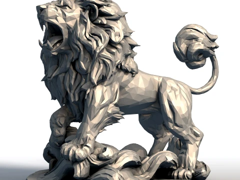 Hungry Lion Low Poly Sculpture - Predatory Big Cat Model - Geometric Wildlife Art 3D Print Model