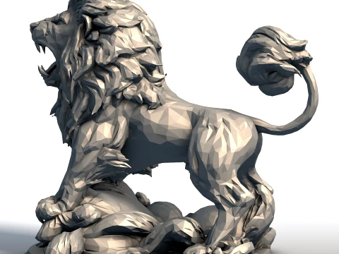 Hungry Lion Low Poly Sculpture - Predatory Big Cat Model - Geometric Wildlife Art 3D Print Model