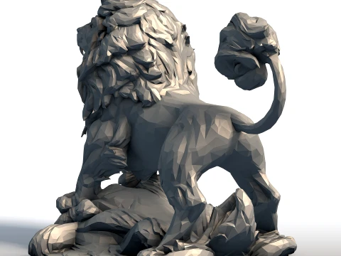 Hungry Lion Low Poly Sculpture - Predatory Big Cat Model - Geometric Wildlife Art 3D Print Model