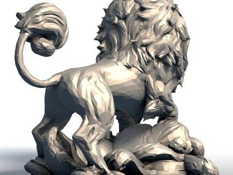 Hungry Lion Low Poly Sculpture - Predatory Big Cat Model - Geometric Wildlife Art 3D Print Model