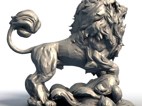 Hungry Lion Low Poly Sculpture - Predatory Big Cat Model - Geometric Wildlife Art 3D Print Model