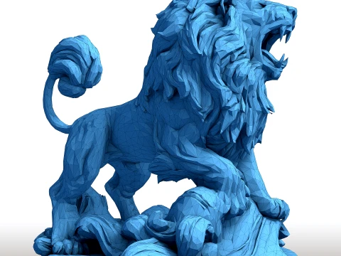 Hungry Lion Low Poly Sculpture - Predatory Big Cat Model - Geometric Wildlife Art 3D Print Model