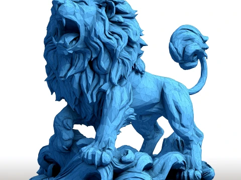 Hungry Lion Low Poly Sculpture - Predatory Big Cat Model - Geometric Wildlife Art 3D Print Model