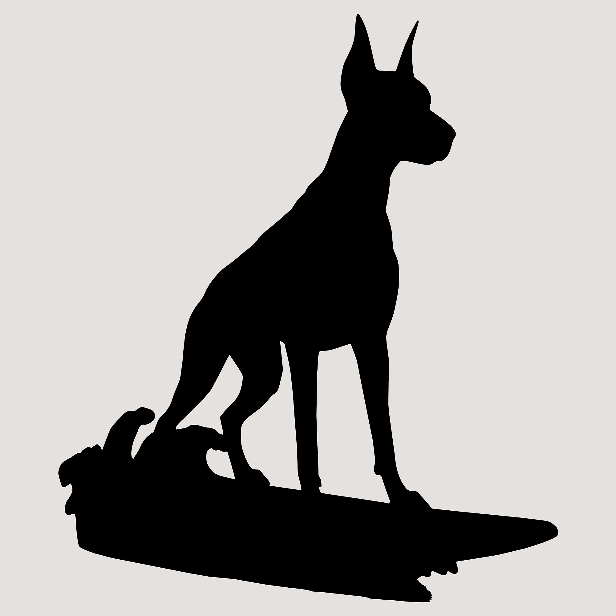 Doberman Surfing Silhouette - Upright Surfing Dog Sculpture - Black Minimalist Surfboard Art 3D Print Model .c4d .max .obj .3ds .fbx .stl .blend 