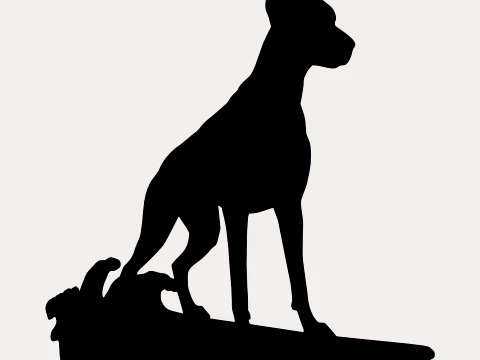 Doberman Surfing Silhouette - Sculpture de chien de surf debout - Art de planche de surf minimaliste noir Modèles 3D en vedette