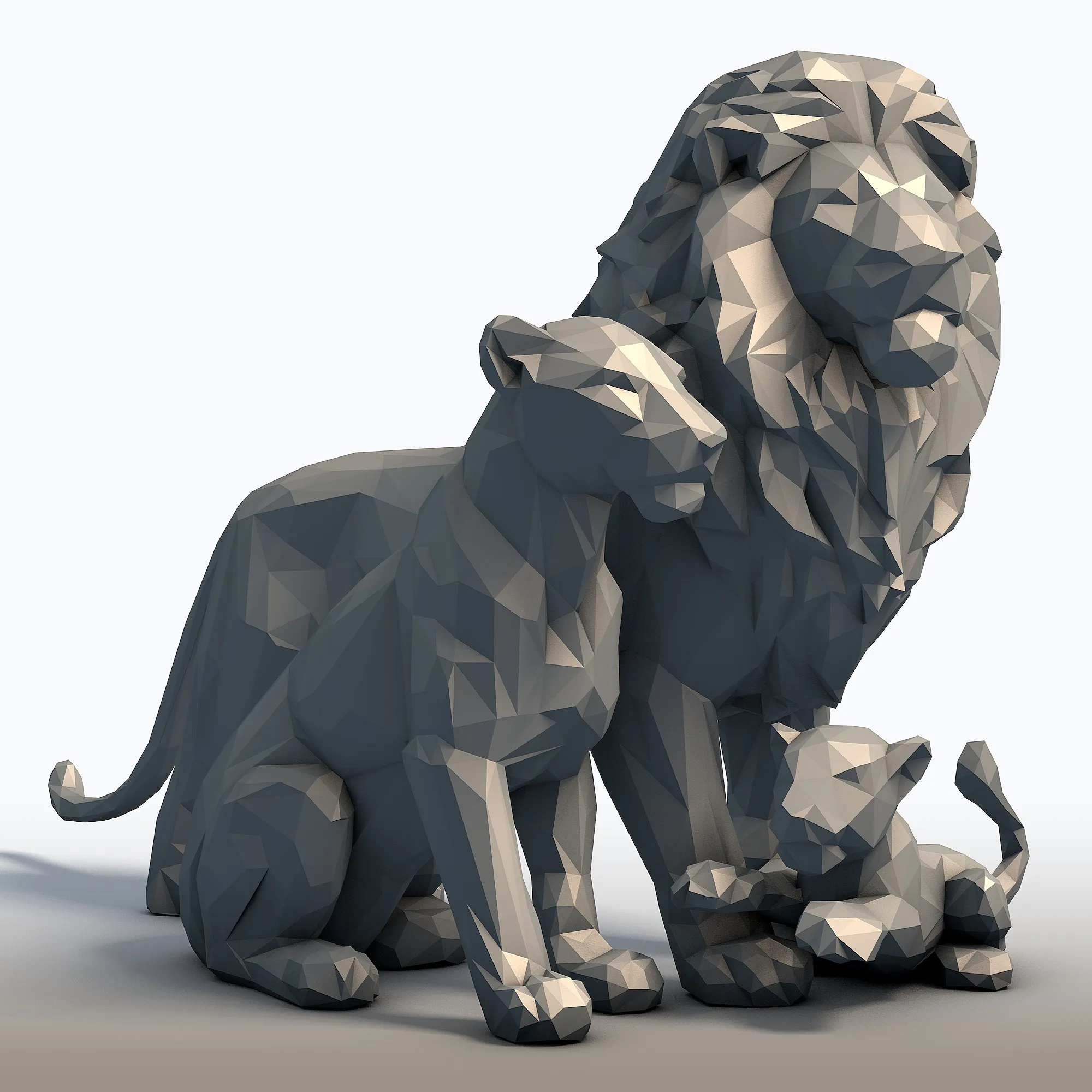 Fam&iacute;lia Rei Le&atilde;o Low Poly - Escultura em Rocha do Orgulho - Modelo Geom&eacute;trico de Fam&iacute;lia Animal Modelo de Impressão 3D .c4d .max .obj .3ds .fbx .stl .blend 