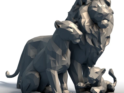 Familia del Rey Le&oacute;n Low Poly - Escultura Pride Rock - Modelo geom&eacute;trico de familia de animales Modelo de impresión 3D
