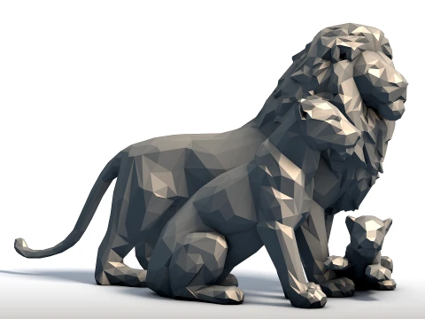 Fam&iacute;lia Rei Le&atilde;o Low Poly - Escultura em Rocha do Orgulho - Modelo Geom&eacute;trico de Fam&iacute;lia Animal Modelo de Impressão 3D
