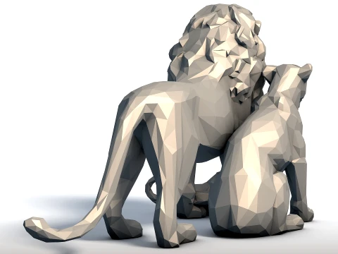 Fam&iacute;lia Rei Le&atilde;o Low Poly - Escultura em Rocha do Orgulho - Modelo Geom&eacute;trico de Fam&iacute;lia Animal Modelo de Impressão 3D