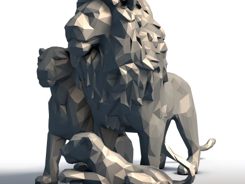 Fam&iacute;lia Rei Le&atilde;o Low Poly - Escultura em Rocha do Orgulho - Modelo Geom&eacute;trico de Fam&iacute;lia Animal Modelo de Impressão 3D