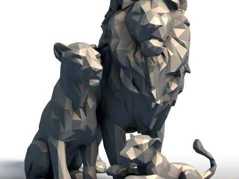 Fam&iacute;lia Rei Le&atilde;o Low Poly - Escultura em Rocha do Orgulho - Modelo Geom&eacute;trico de Fam&iacute;lia Animal Modelo de Impressão 3D