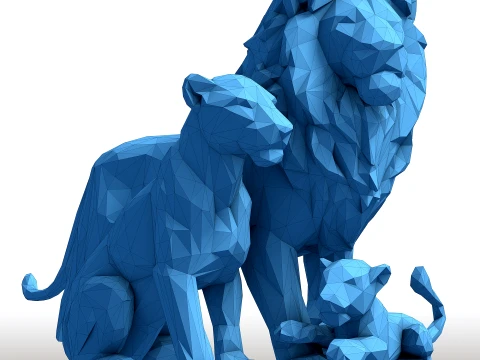 Fam&iacute;lia Rei Le&atilde;o Low Poly - Escultura em Rocha do Orgulho - Modelo Geom&eacute;trico de Fam&iacute;lia Animal Modelo de Impressão 3D