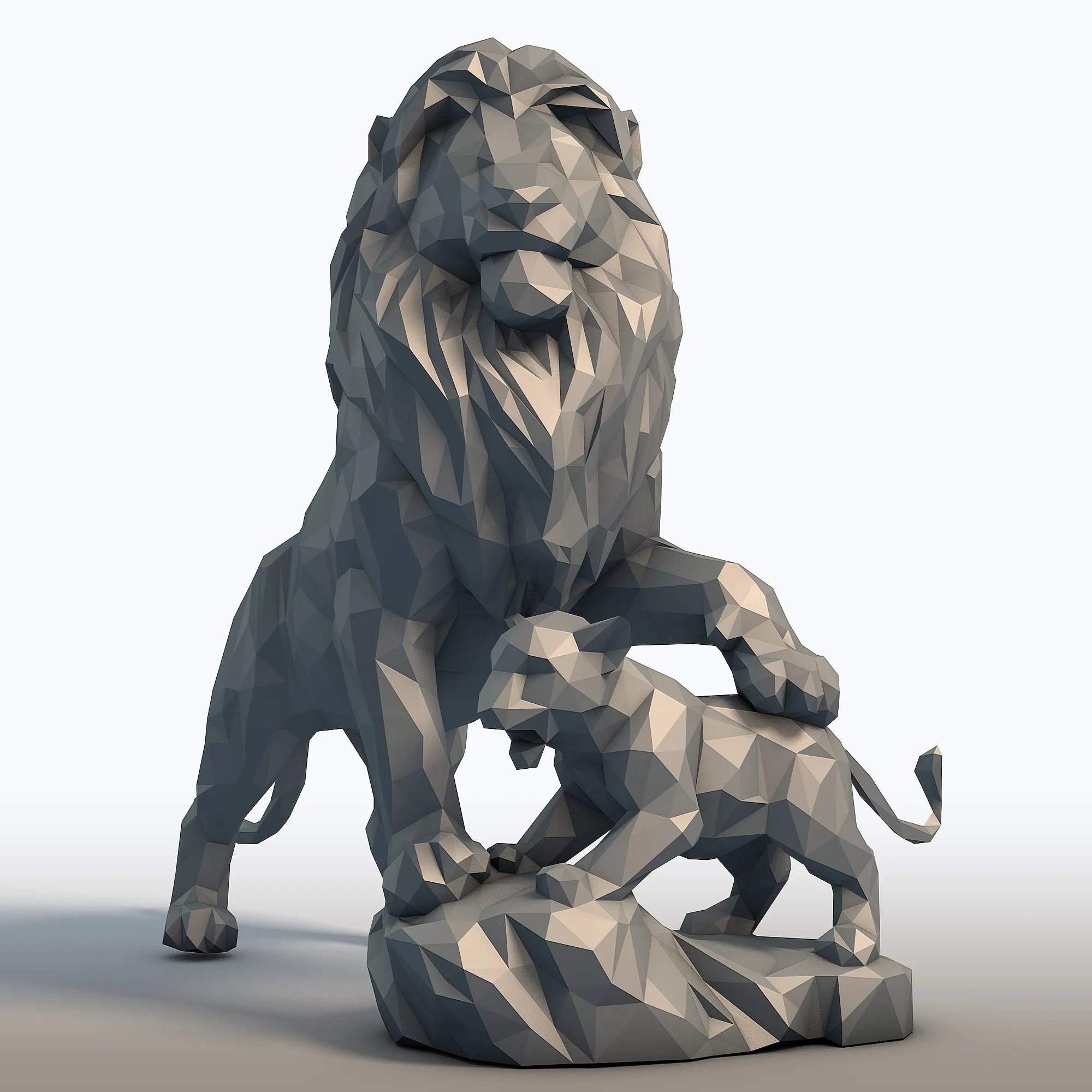 Lion King Cub Low Poly - Father and Son Lions - Geometric Animal Sculpture for 3D Print 3D Print Model .c4d .max .obj .3ds .fbx .stl .blend