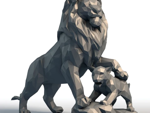 Lion King Cub Low Poly - Father and Son Lions - Geometric Animal Sculpture for 3D Print 3D Print Model