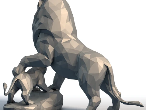Lion King Cub Low Poly - Father and Son Lions - Geometric Animal Sculpture for 3D Print 3D Print Model