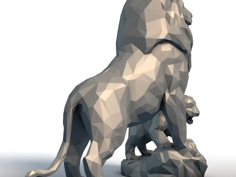 Lion King Cub Low Poly - Father and Son Lions - Geometric Animal Sculpture for 3D Print 3D Print Model