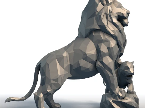 Lion King Cub Low Poly - Father and Son Lions - Geometric Animal Sculpture for 3D Print 3D Print Model
