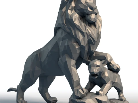 Lion King Cub Low Poly - Father and Son Lions - Geometric Animal Sculpture for 3D Print 3D Print Model