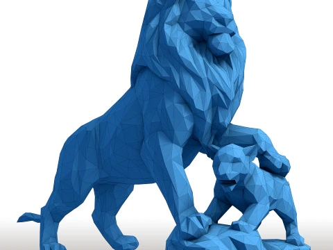 Lion King Cub Low Poly - Father and Son Lions - Geometric Animal Sculpture for 3D Print 3D Print Model