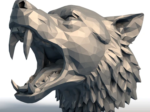 Cabeza de lobo enojado de baja poli - Escultura de lobo geom&eacute;trico - Modelo animal depredador Modelo de impresión 3D